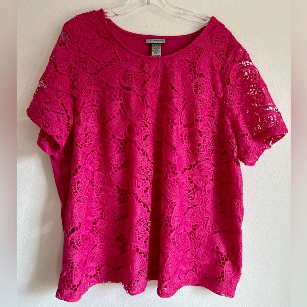 Catherines Short Sleeve Lace Overlay Front Pink Stretch Lined Spring Blouse 1XWP